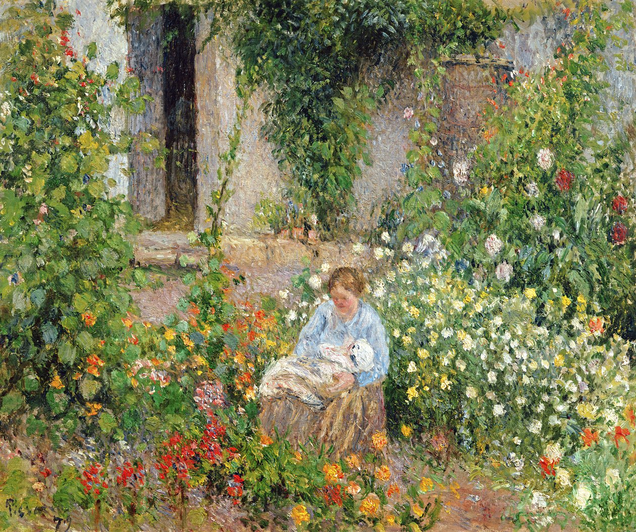 Anya és gyermeke a virágok között, 1879 alkotó: Camille Jacob Pissarro