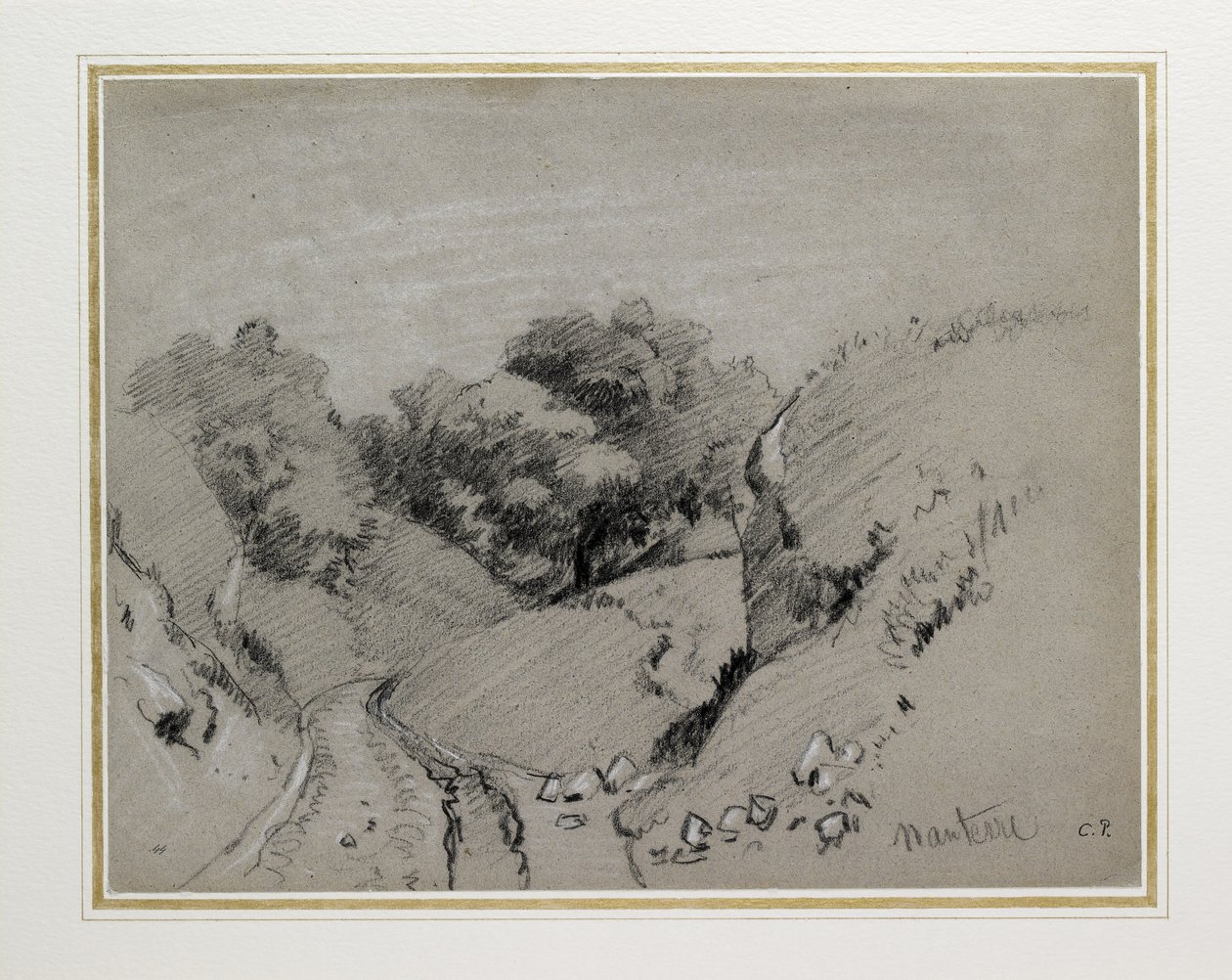 Nanterre, c. 1860 (szürke papíron fehér krétával emelt szén) alkotó: Camille Jacob Pissarro