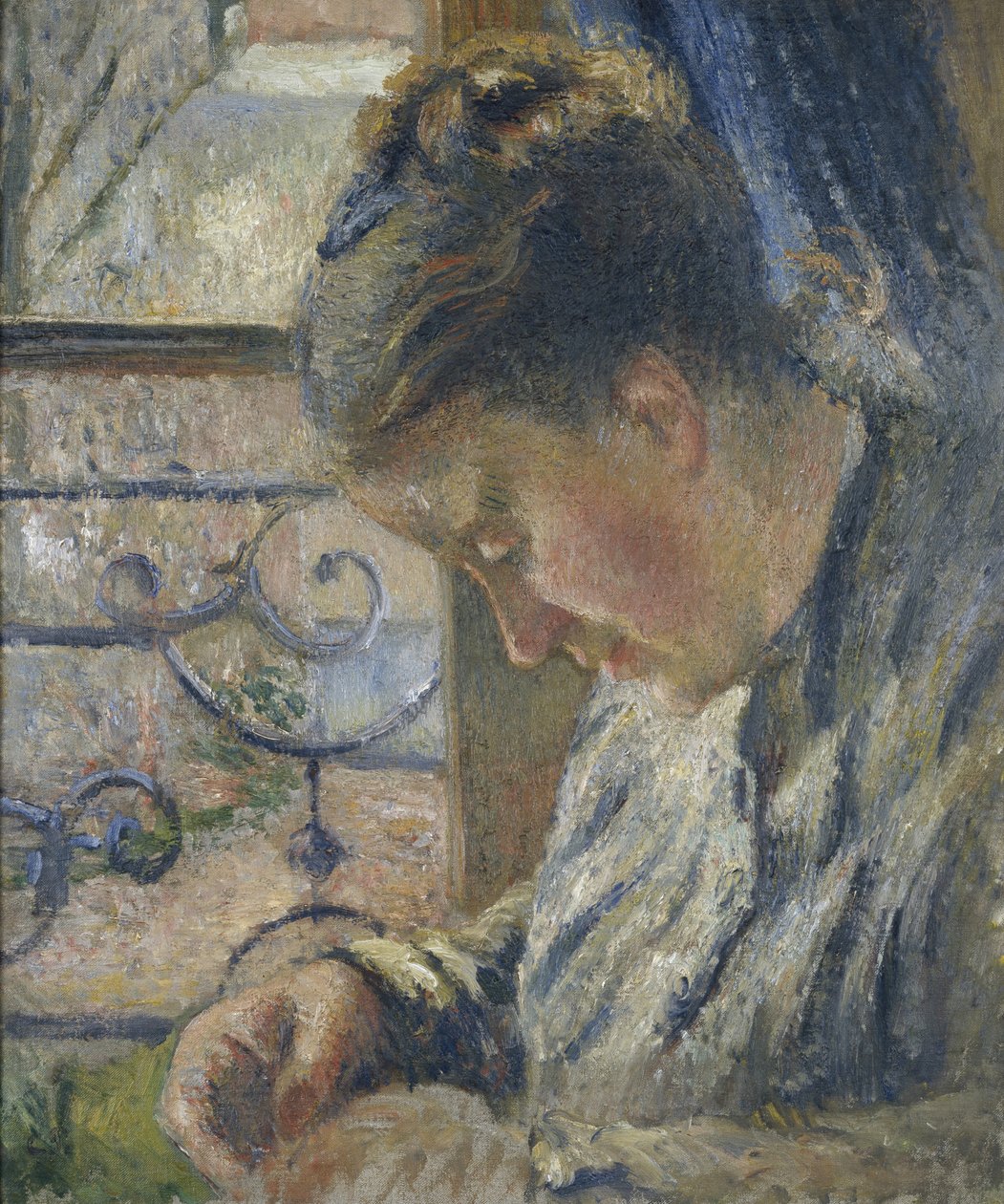Madame Pissarro portréja egy ablak mellett varr, 19. század alkotó: Camille Jacob Pissarro