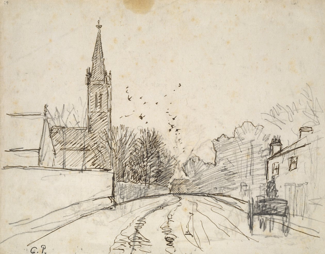 Recto: (toll és barna tinta grafitra): Tanulmány a londoni Upper Norwoodról, az All Saints templommal, 1871 (toll és barna tinta grafitra) alkotó: Camille Jacob Pissarro