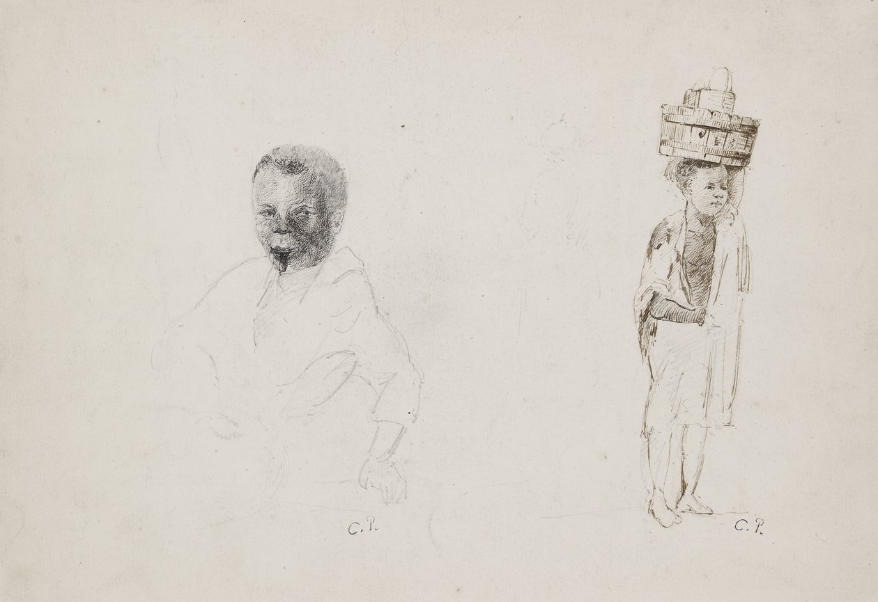 Tanulmányok két fiatal fiúról egy női alak halvány jeleivel, 1852 (ceruza tollal és tintával papíron) alkotó: Camille Jacob Pissarro