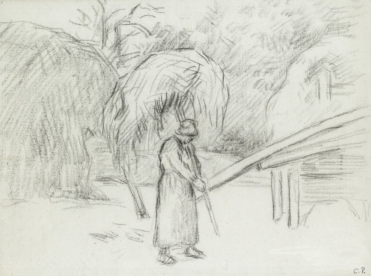 Tanulmány egy parasztnőről, aki egy rakomány szénát cipelt a foucault-i paraszt udvarán, kb. 1875 (szén) alkotó: Camille Jacob Pissarro