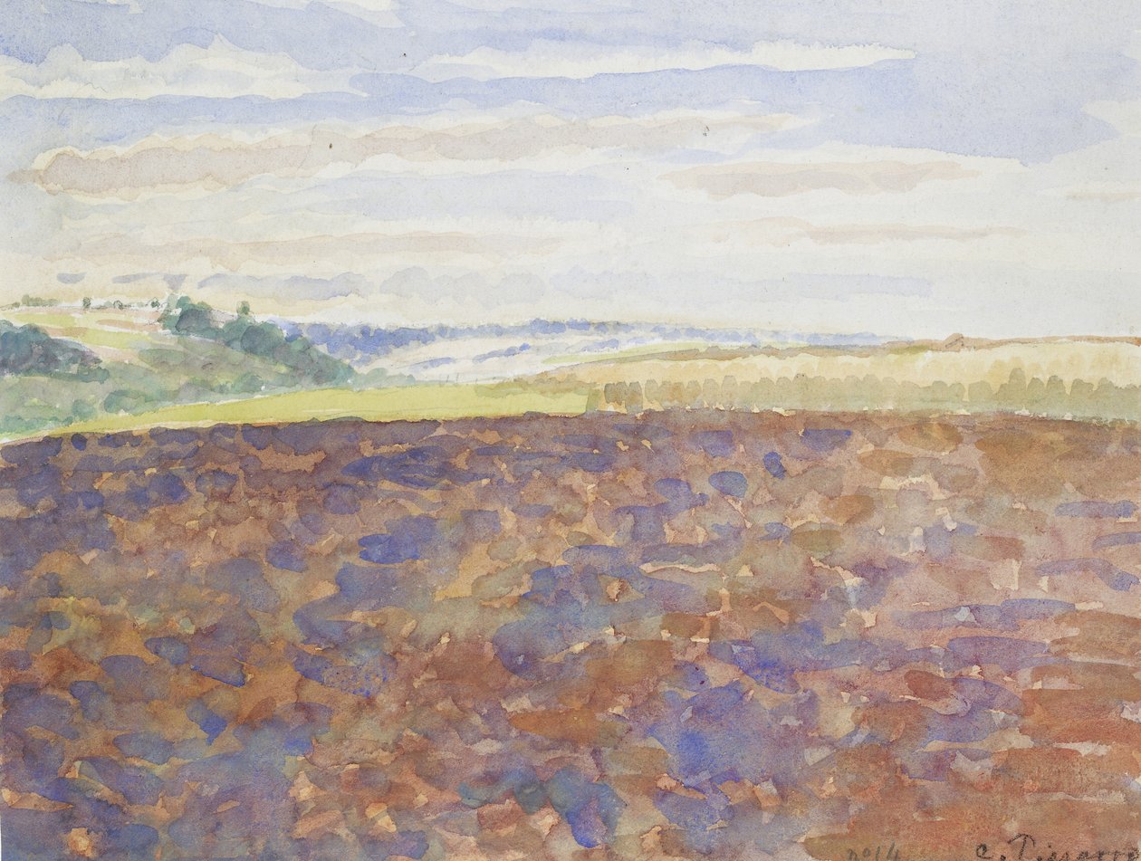 Felszántott táblás táj tanulmányozása, Eragny-sur-Epte, c. 1886-1890 (akvarell ceruzával) alkotó: Camille Jacob Pissarro