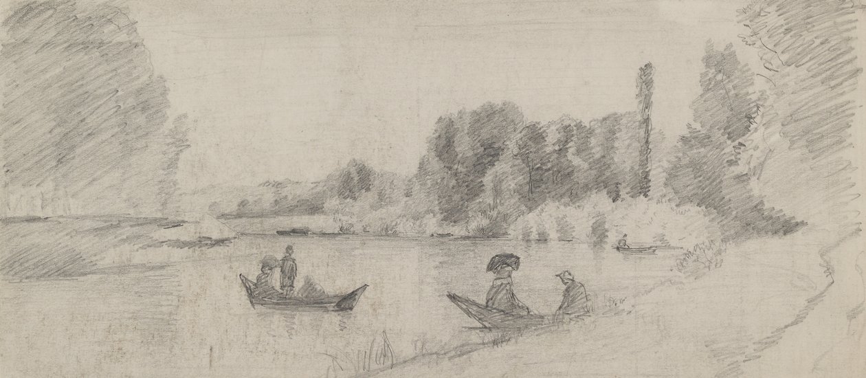 Folyói táj tanulmányozása csónakokkal, 1863-1864 (grafit papíron) alkotó: Camille Jacob Pissarro