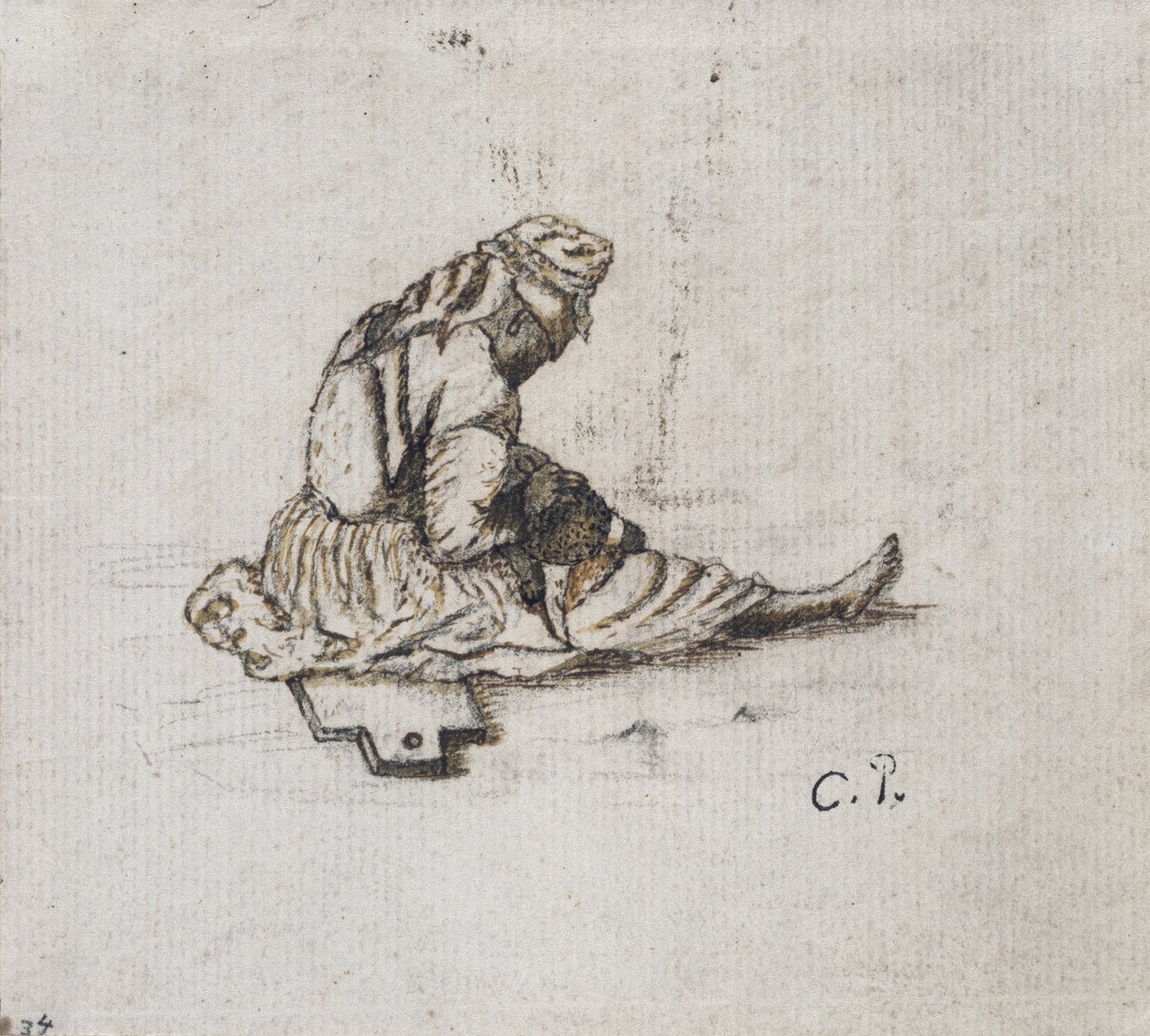 Ülő női alak tanulmányozása, varrás (toll és tinta ceruza fölött papíron) alkotó: Camille Jacob Pissarro