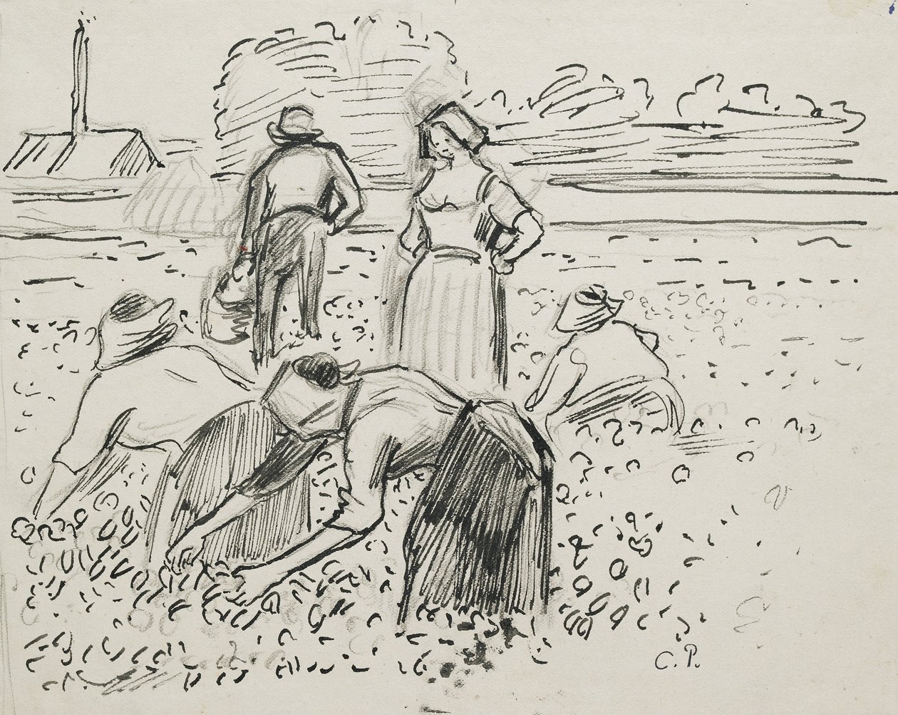 Tanulmány öt mezőn dolgozó parasztfiguráról, 1887 (toll és tinta fekete krétával) alkotó: Camille Jacob Pissarro