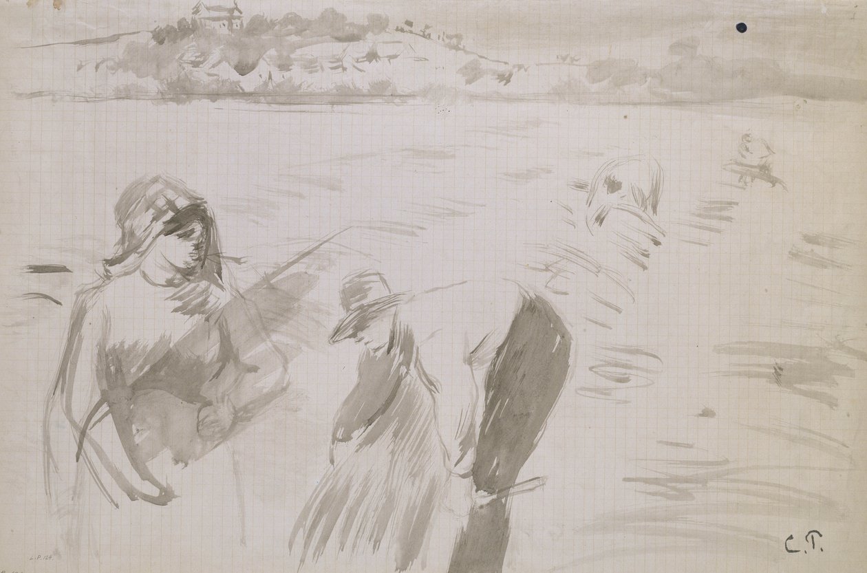 Pontoise melletti szántóföldön dolgozó betakarítógépek tanulmányozása (szürke mosás barna tintával a papíron) alkotó: Camille Jacob Pissarro
