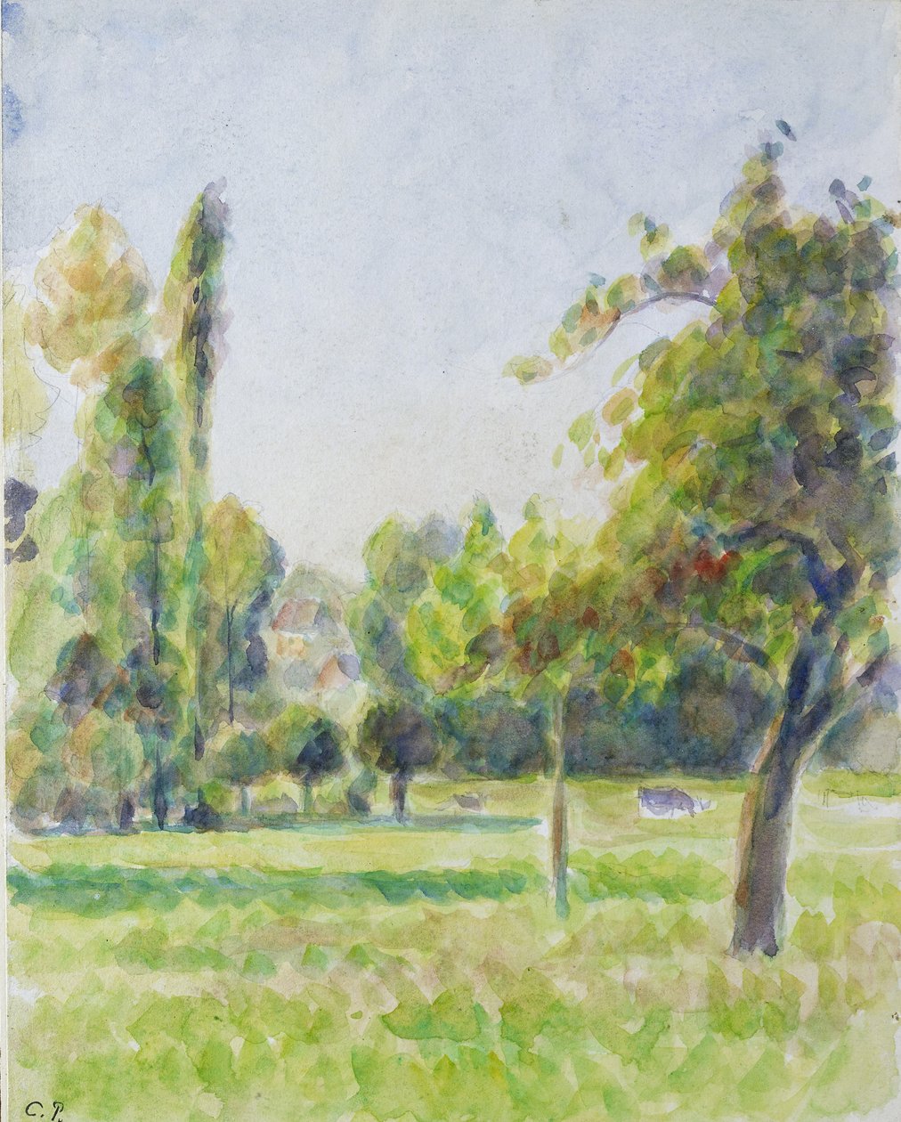 Tanulmány az Eragny-sur-Epte-i művészház gyümölcsöskertjéről, c. 1890 (akvarell ceruzával) alkotó: Camille Jacob Pissarro