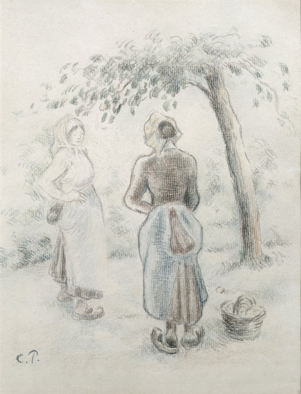 A nő az almafa alatt c. 1896 (színes ceruza papíron) alkotó: Camille Jacob Pissarro