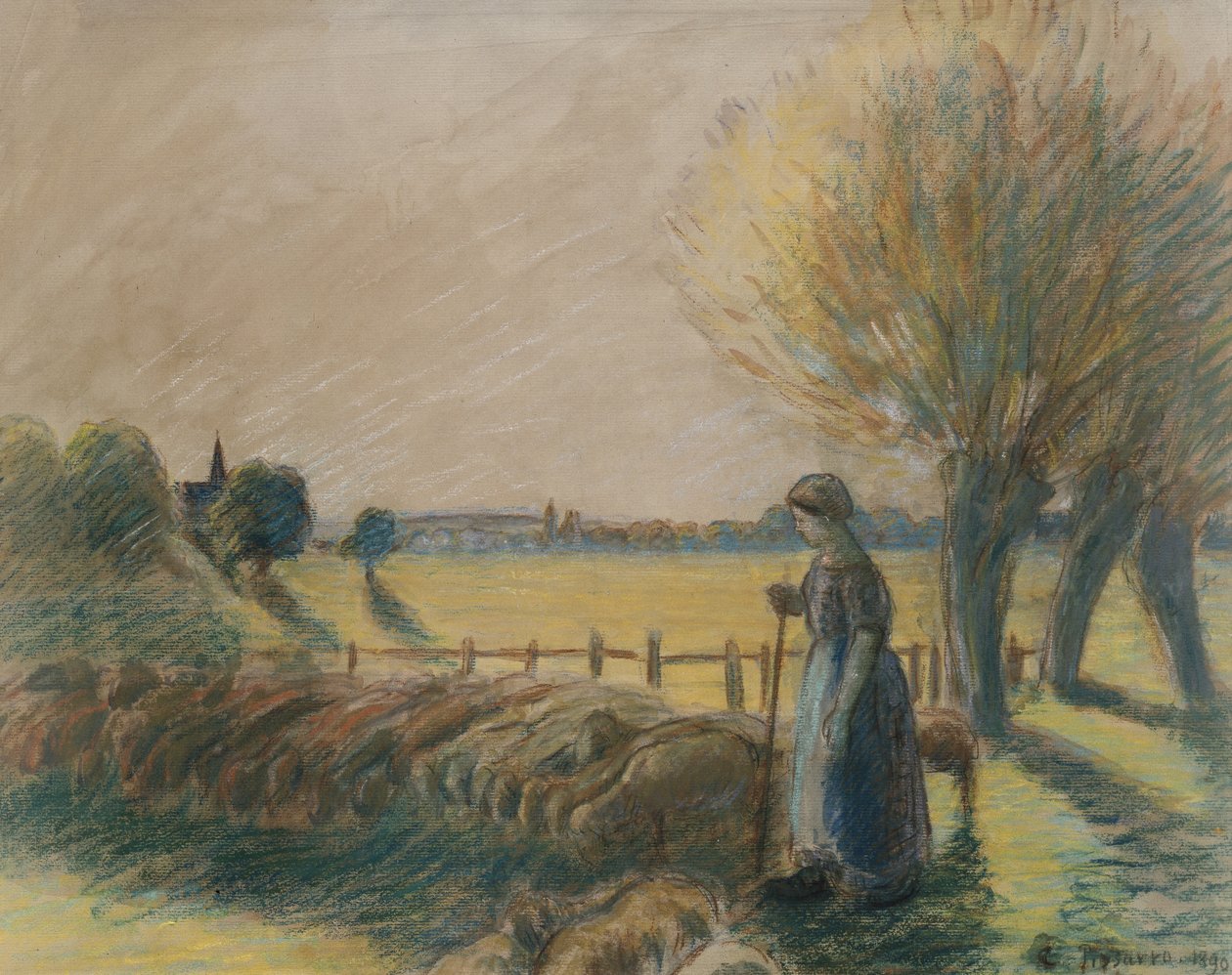 Az eragny-i pásztorlány (tempera és pasztell, nyomokban akvarell és ceruza, szürke papírra) alkotó: Camille Jacob Pissarro