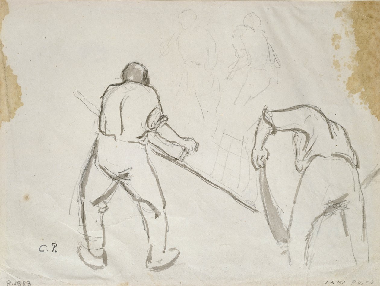 Három tanulmány egy férfi betakarítógépről (szürke mosás ceruzával papíron) alkotó: Camille Jacob Pissarro