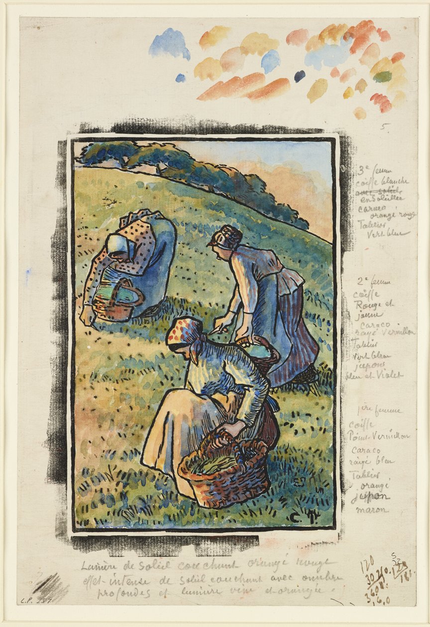 Fűt gyomláló nők (fametszet és wc papíron) alkotó: Camille Jacob Pissarro