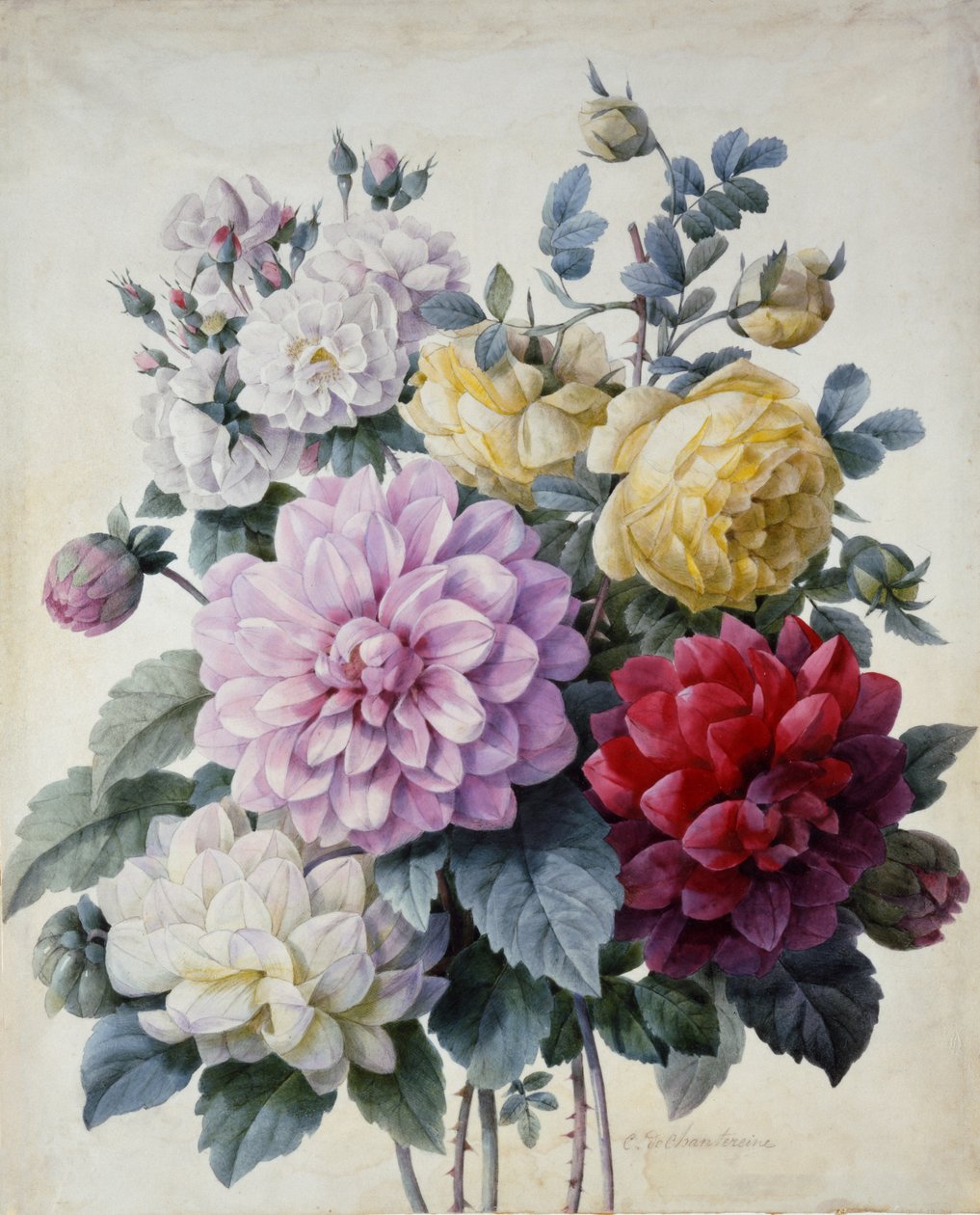 Virágcsokor, dáliák és rózsák, megjelent 1830-40 körül (kézzel színezett stiffle-metszet) alkotó: Camille de Chantereine