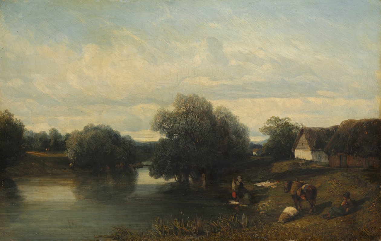 Víkendház a folyó mellett mosónőkkel, 1835. alkotó: Camille Flers
