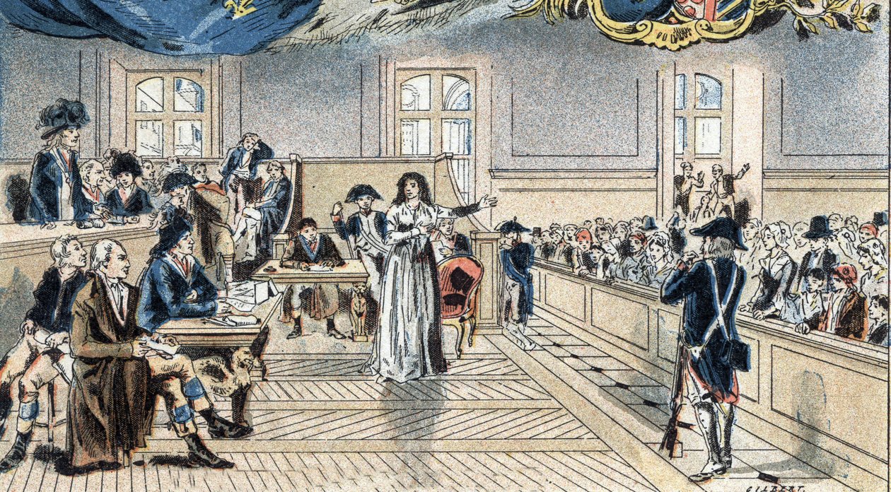Marie Antoinette, Franciaország királynője a bírák előtt a tárgyalásán 1793. október 14-én. alkotó: Camille Gilbert