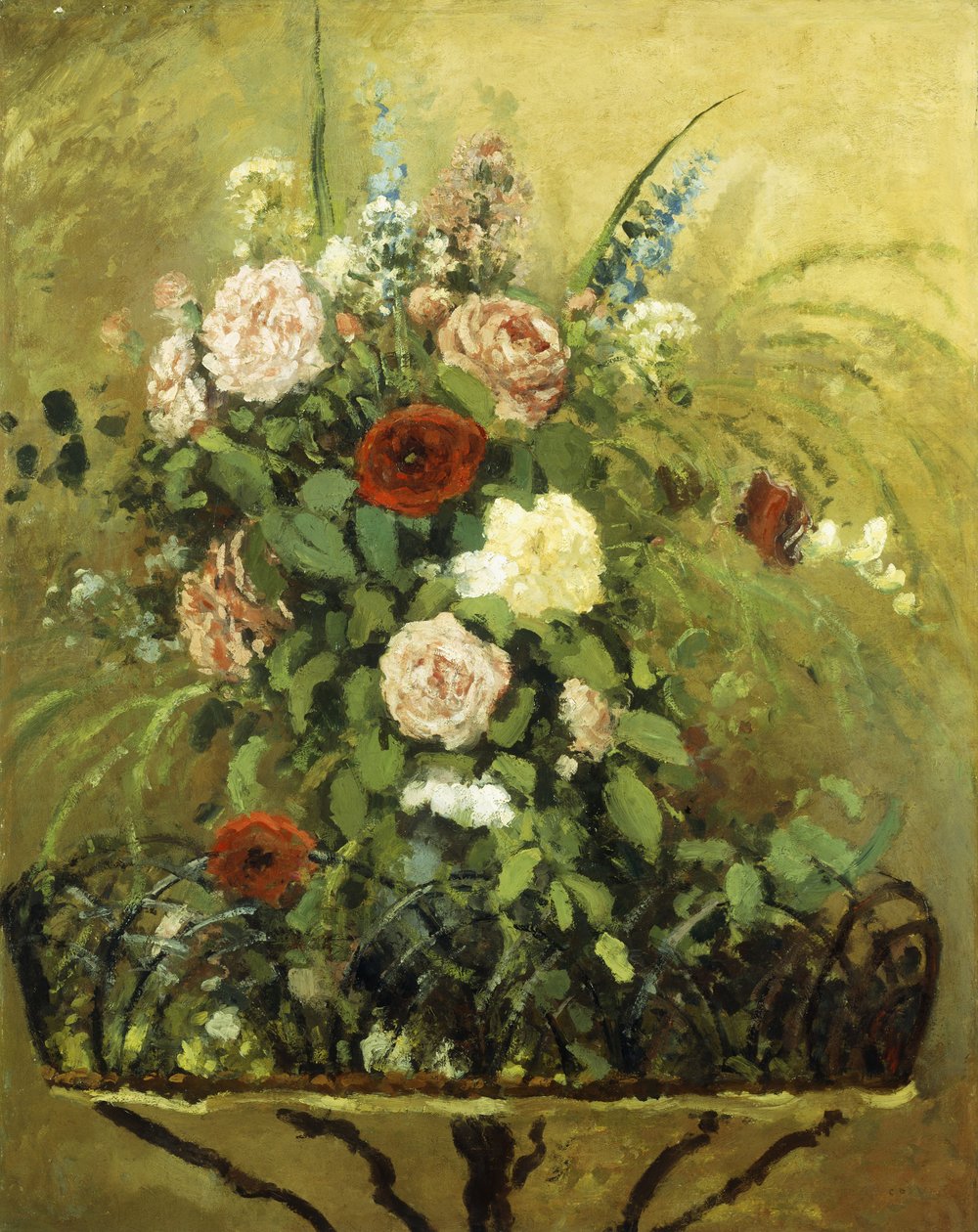 Virágcsokor rusztikus, fából készült kerttel; Virágcsokor, rusztikus fa ültetőgéppel, 1876 körül alkotó: Camille Jacob Pissarro