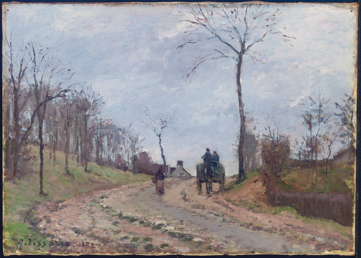 Kocsi országúton, télen, Louveciennes külvárosában, 1872 alkotó: Camille Jacob Pissarro