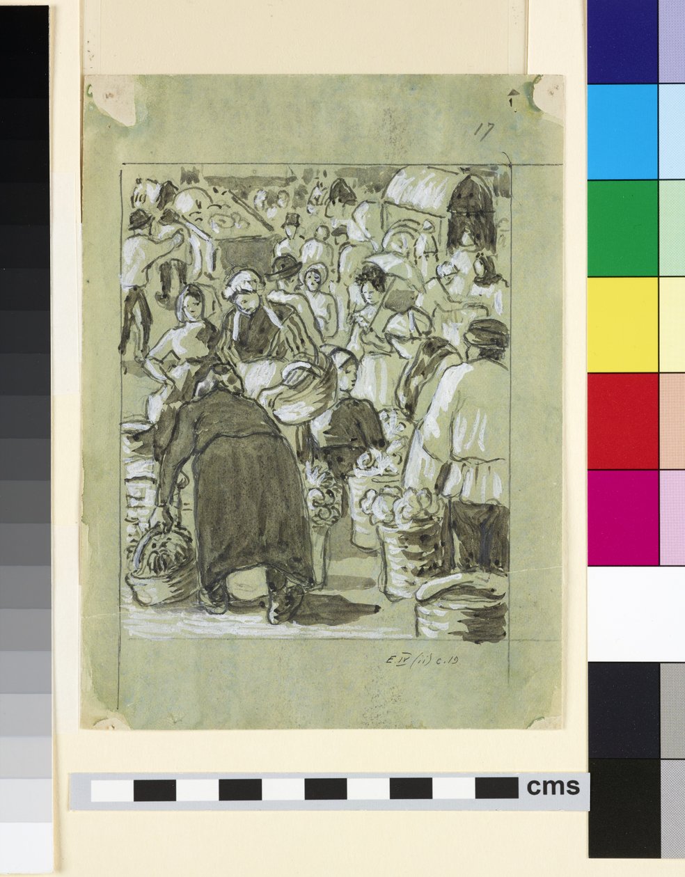 Egy piac kompozíciós tanulmányozása (szürke mosás kínai fehérrel a papíron) alkotó: Camille Jacob Pissarro