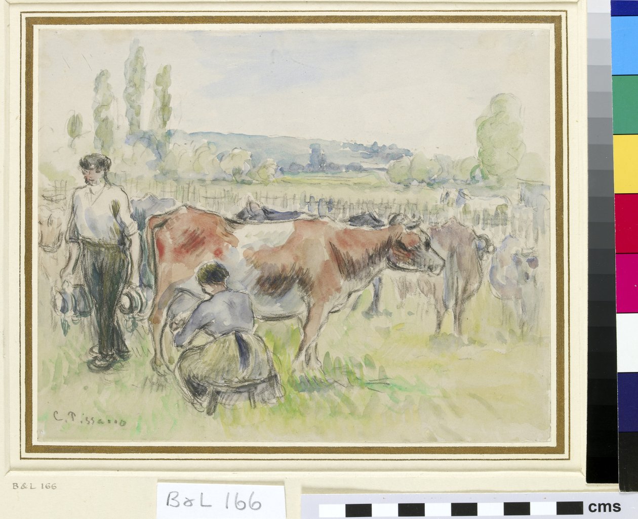 Kompozíciós tanulmány az Eragny-sur-Epte fejésjelenetéről (wc fekete krétával, papíron) alkotó: Camille Jacob Pissarro