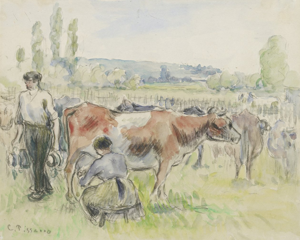Kompozíciós tanulmány egy fejési jelenetről Eragny-sur-Epte-ben, 1884 (akvarell fekete krétával) alkotó: Camille Jacob Pissarro