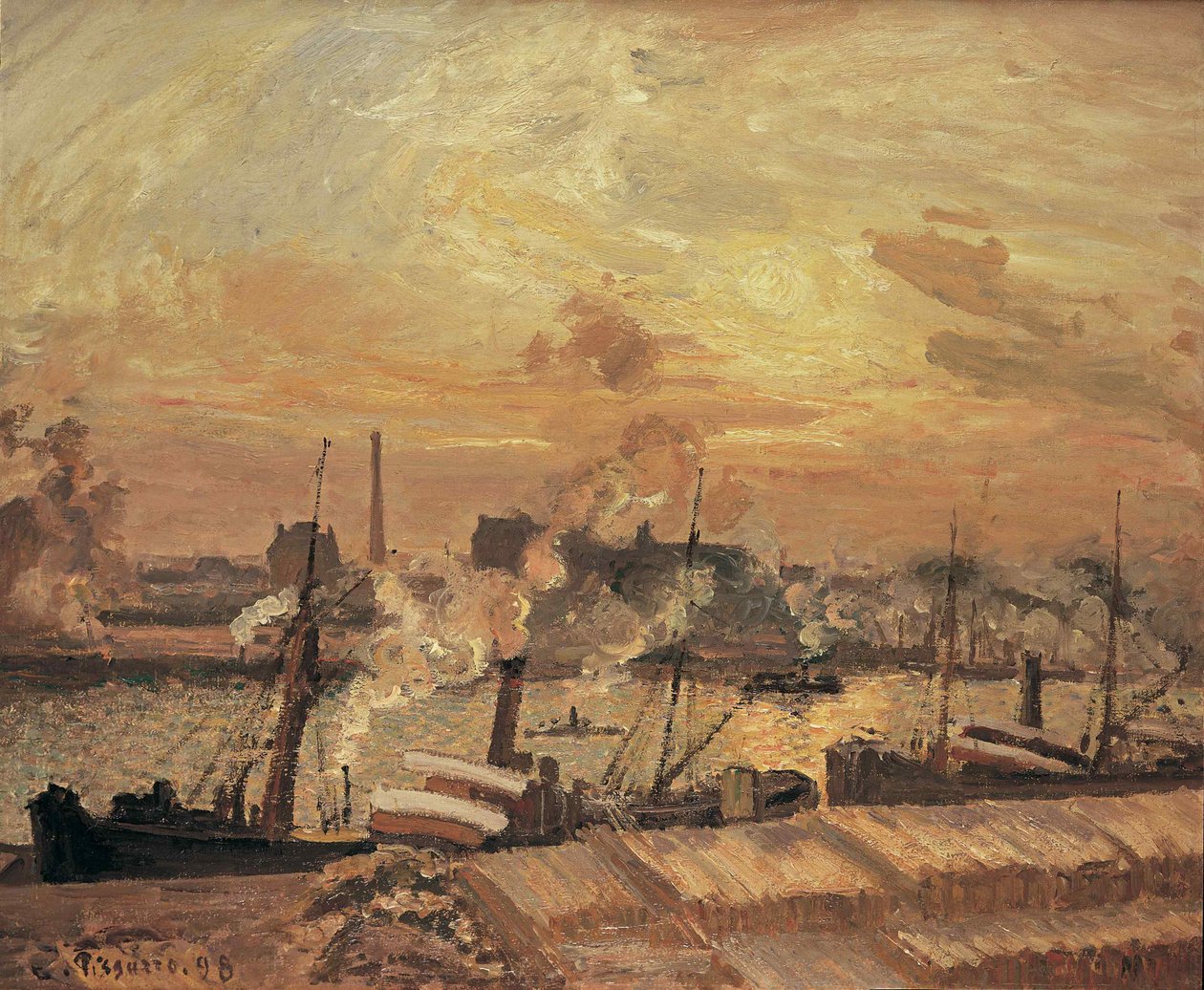 Fa kirakodása, Quai de la Bourse, naplemente, 1898. alkotó: Camille Jacob Pissarro