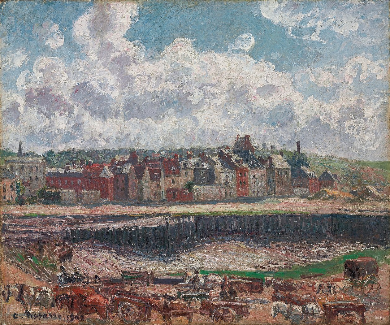 lovak és szekerek a halászkikötő előtt, Dieppe, apálykor; Lovak és szekerek a horgászkikötő előtt, Dieppe, apály, 1902 alkotó: Camille Jacob Pissarro