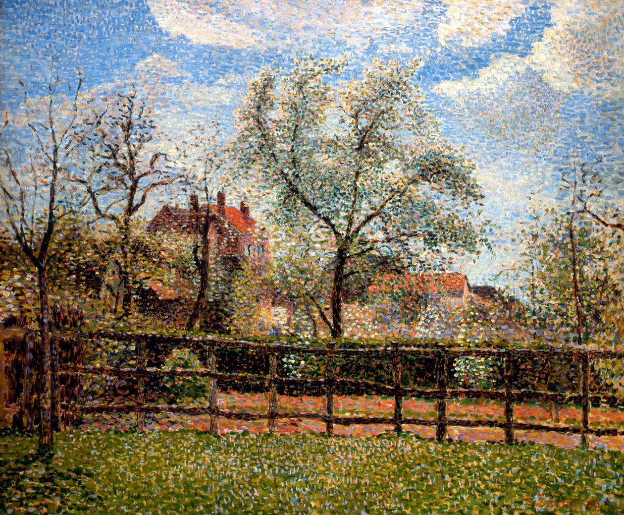 Körtefák és virágok Eragnyban, reggel, 1886 alkotó: Camille Jacob Pissarro