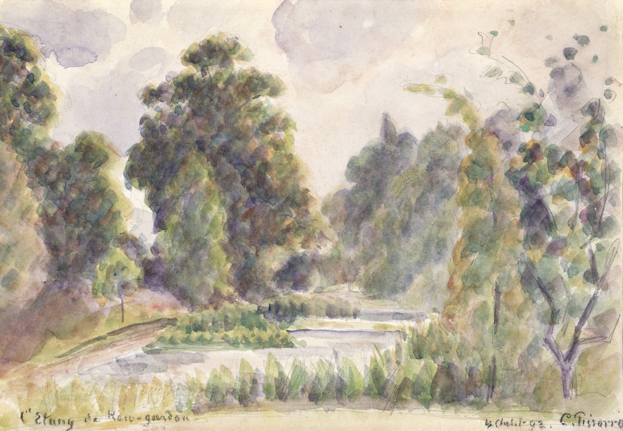 Tó a Kew Gardensben, 1892 (wc grafitceruza fölött, papírra fektetett) alkotó: Camille Jacob Pissarro