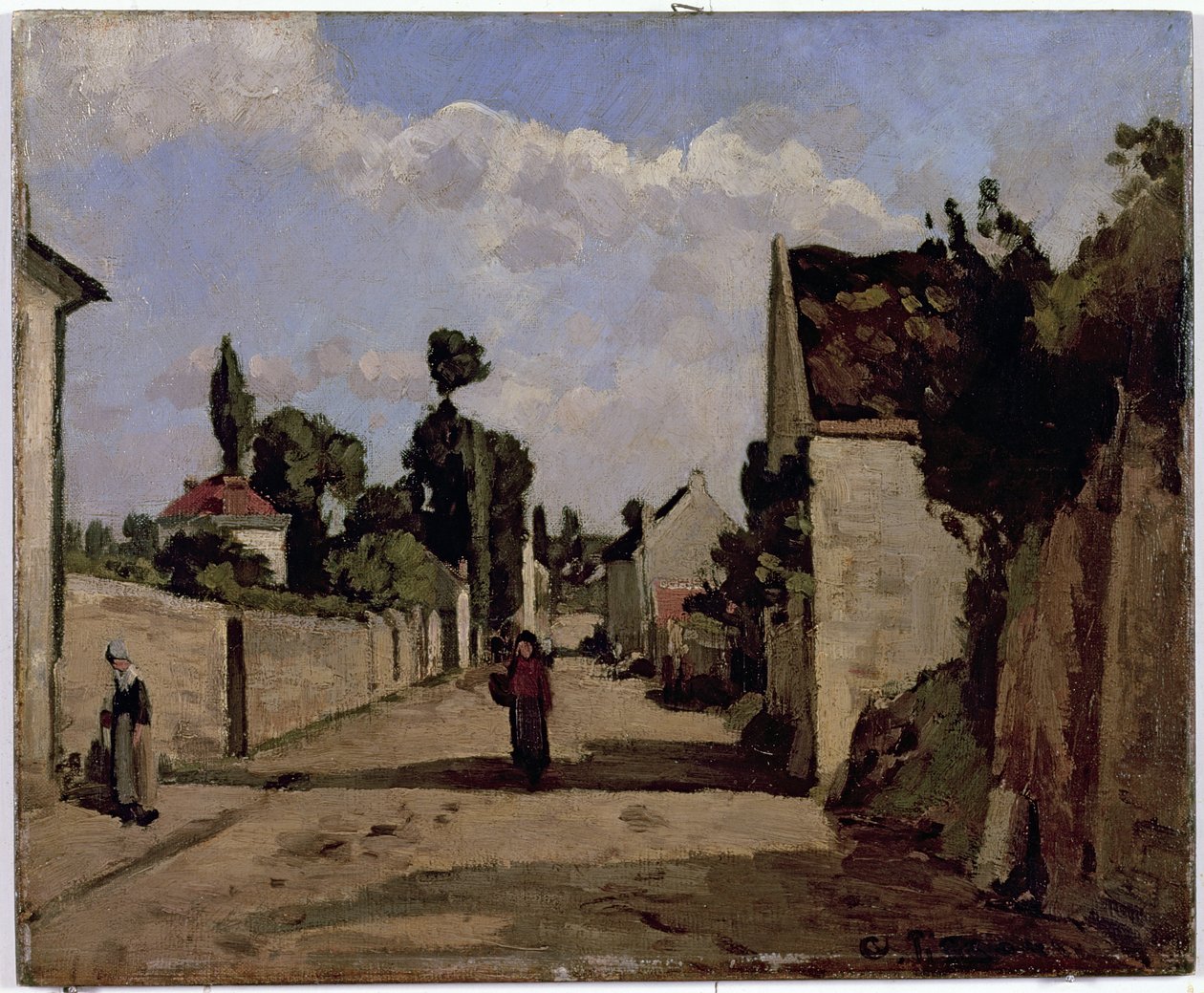 Rue de lHermitage, Pontoise, 1867 körül (olaj, vászon a panelre rögzítve) alkotó: Camille Jacob Pissarro