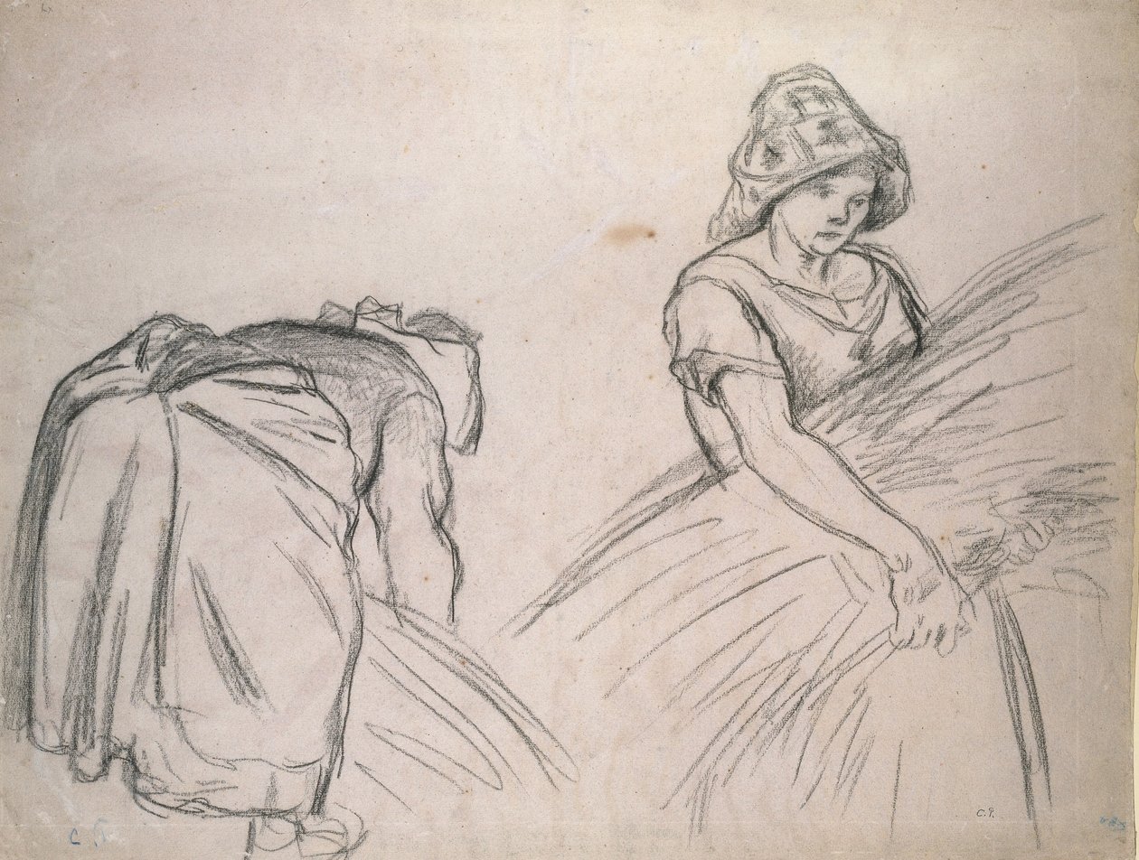 Tanulmány két nőstény aratóról, 1882 (fekete kréta rózsaszín papíron fehérrel) alkotó: Camille Jacob Pissarro