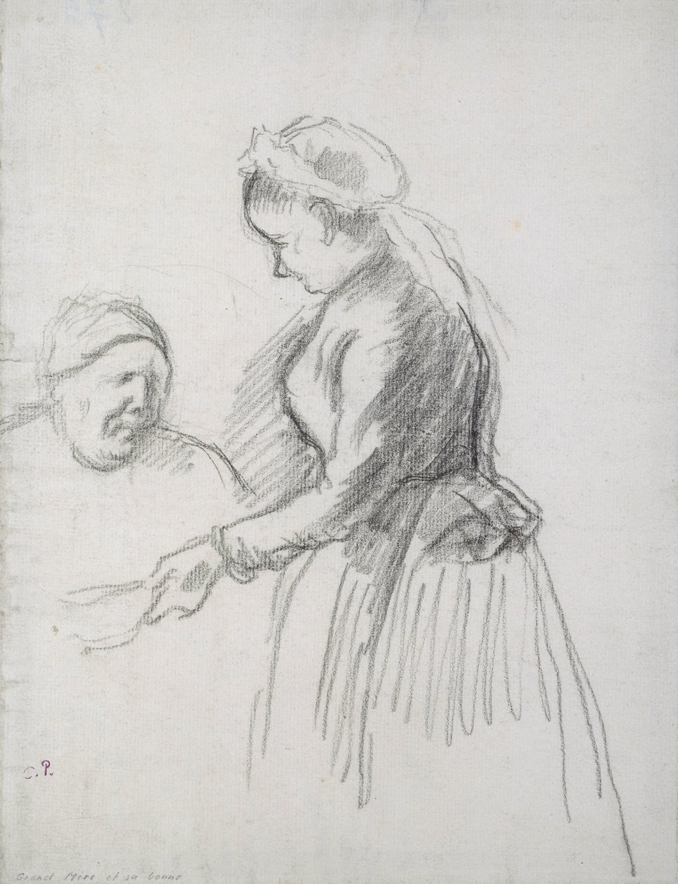 Tanulmány a művész édesanyjáról a szobalányával (szén papíron) alkotó: Camille Jacob Pissarro