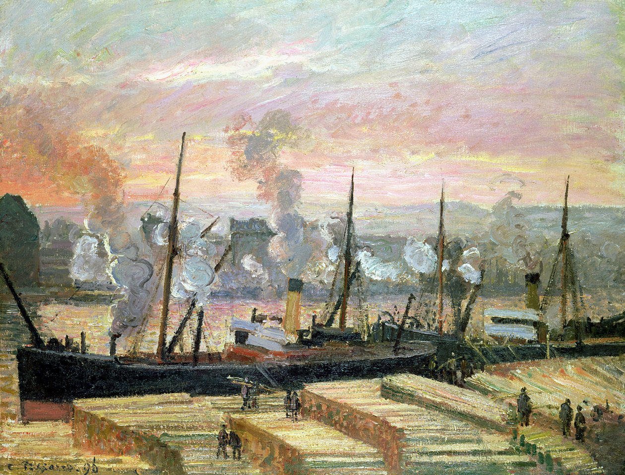 Naplemente Rouenben, Fát kirakodó csónakok, 1896 alkotó: Camille Jacob Pissarro
