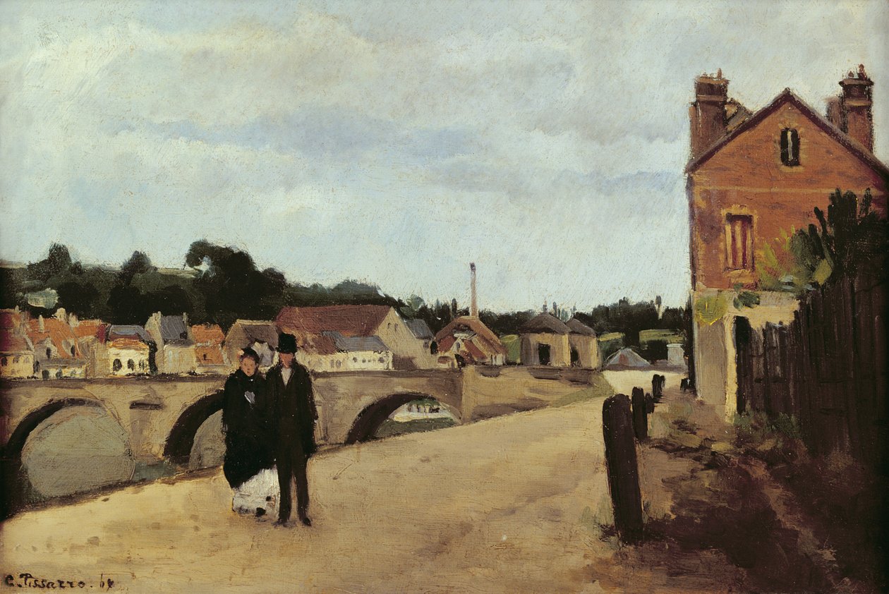 A Chemin de lEcluse és a Pontoise-híd, 1867 (olaj, vászon a panelre rögzítve) alkotó: Camille Jacob Pissarro
