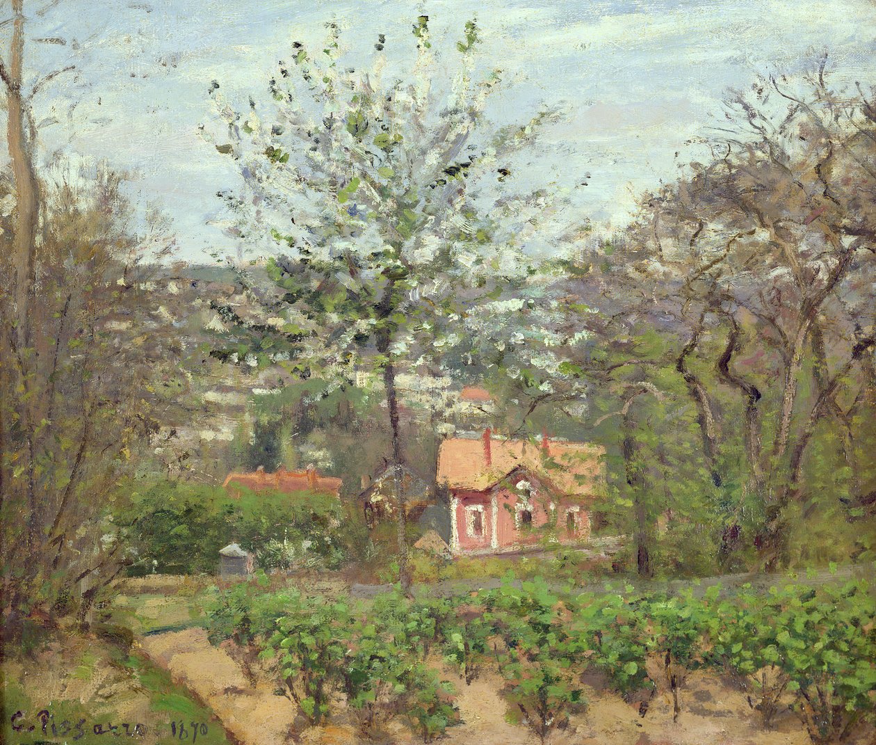 A házikó, avagy a rózsaszín ház – A repülő szív Hamletje, 1870 alkotó: Camille Jacob Pissarro