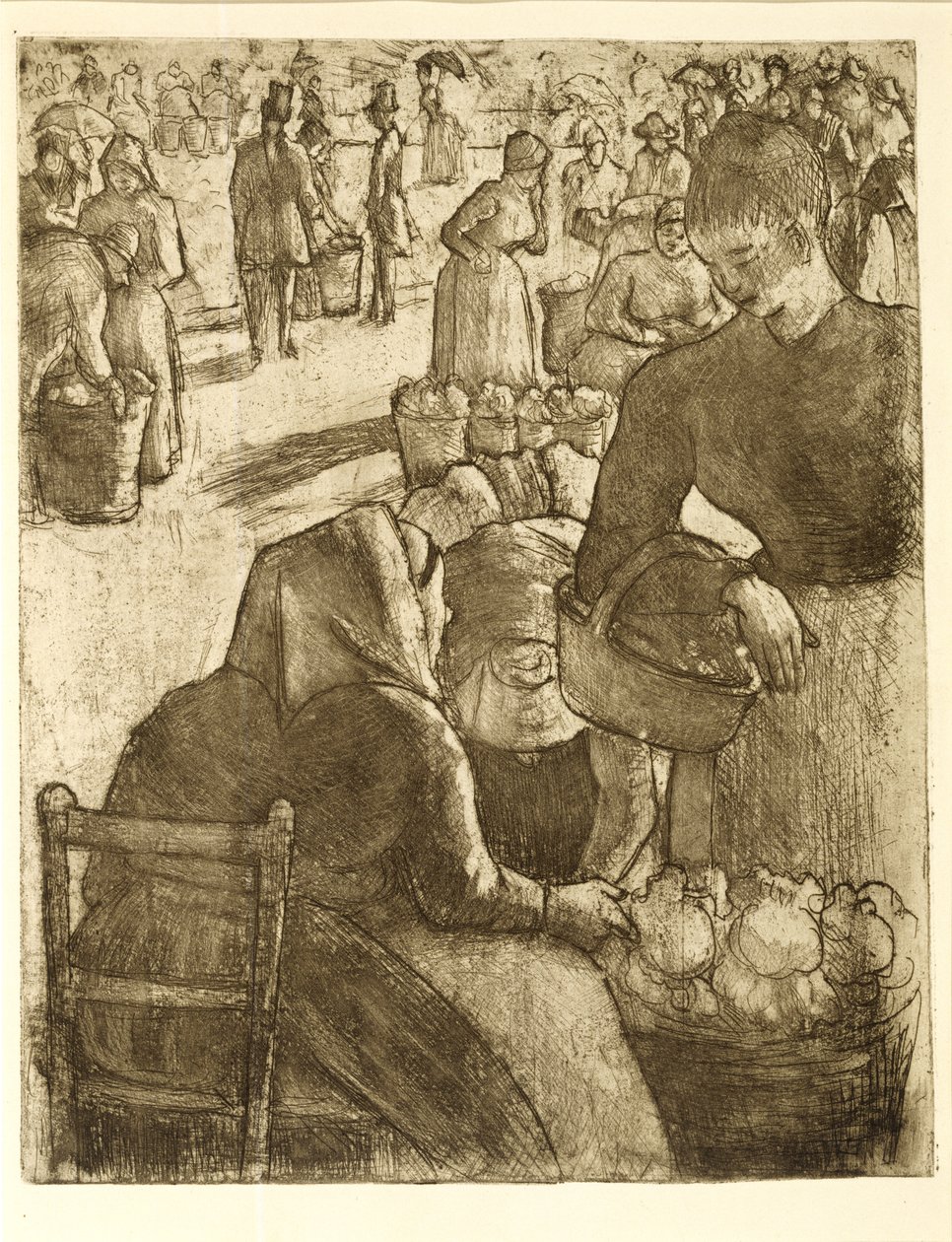 Zöldségpiac Pontoise-ban, 1891 (lágy őrölt rézkarc és akvatinta) alkotó: Camille Jacob Pissarro