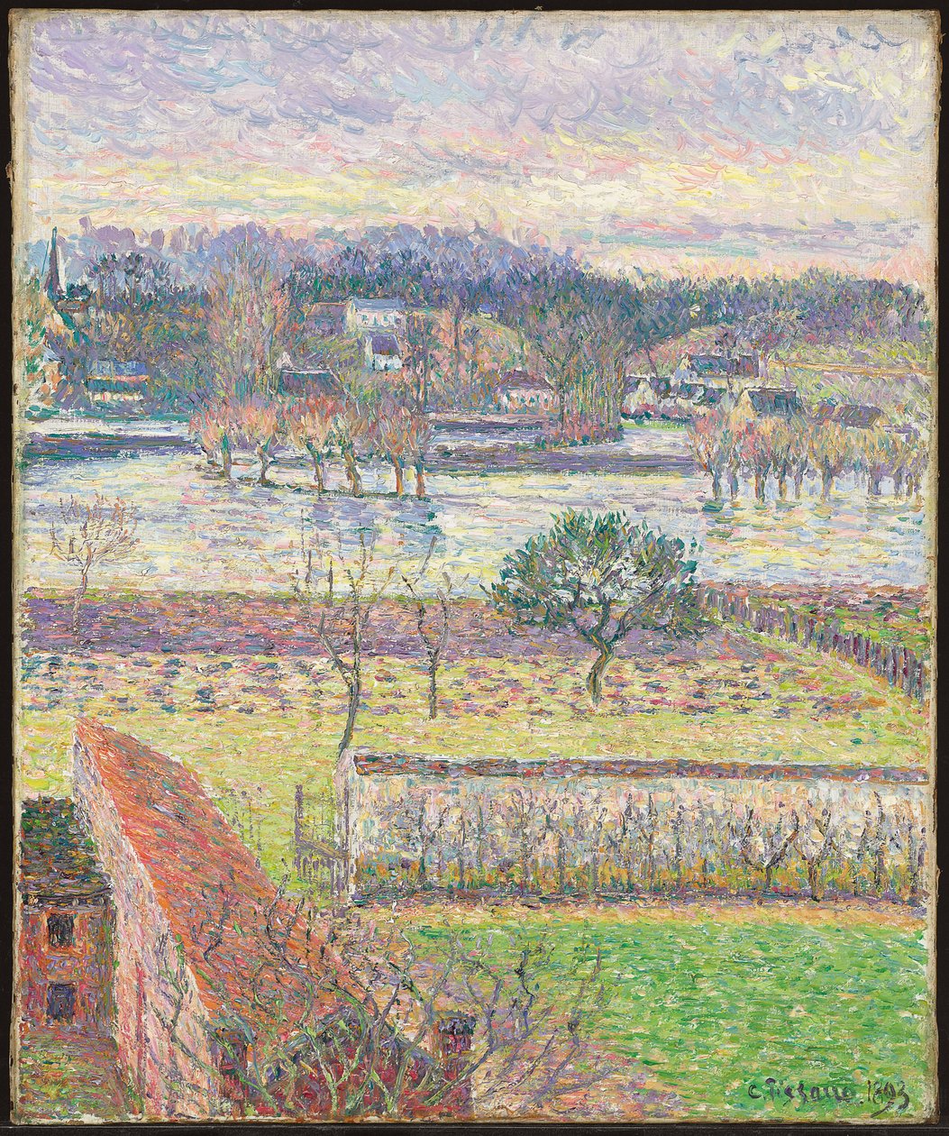 Kilátás az ablakomból, Áradás, Este, Eragny; Kilátás ablakomból, árvíz, esti hatás, Eragny, 1893 alkotó: Camille Jacob Pissarro