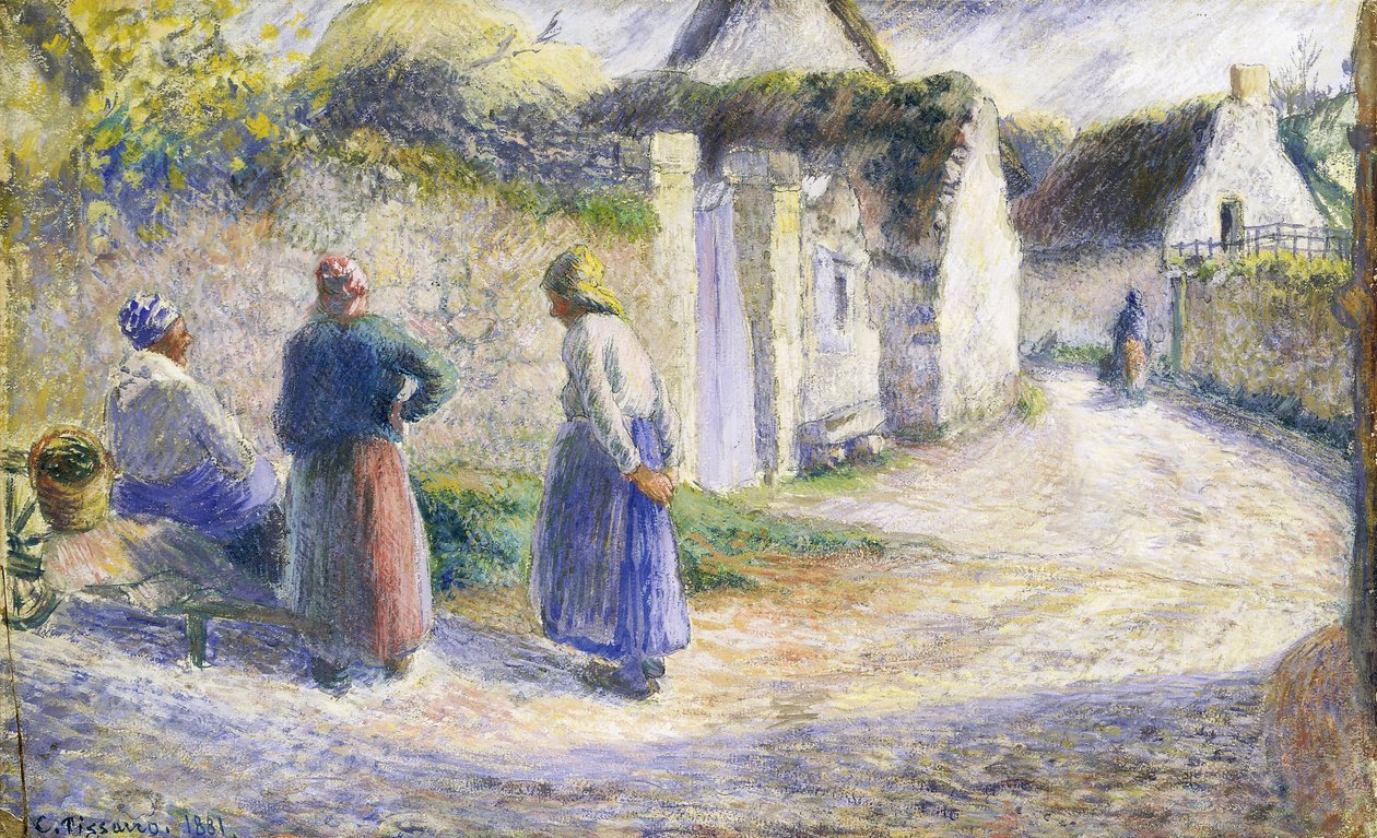 Falusi utca három emberrel a jobb oldalon alkotó: Camille Jacob Pissarro