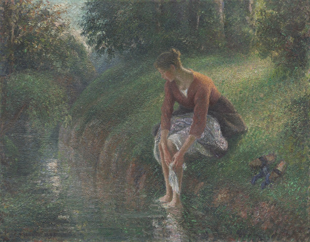 Nő fürdeti a lábát egy patakban, 1894-95 alkotó: Camille Jacob Pissarro