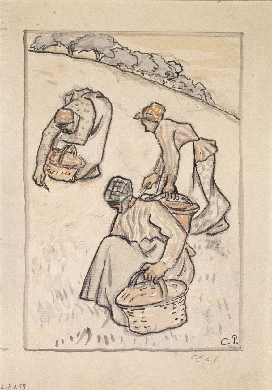 Fűt gyomláló nők (toll és indiai tinta wc-vel szén fölött, papíron) alkotó: Camille Jacob Pissarro