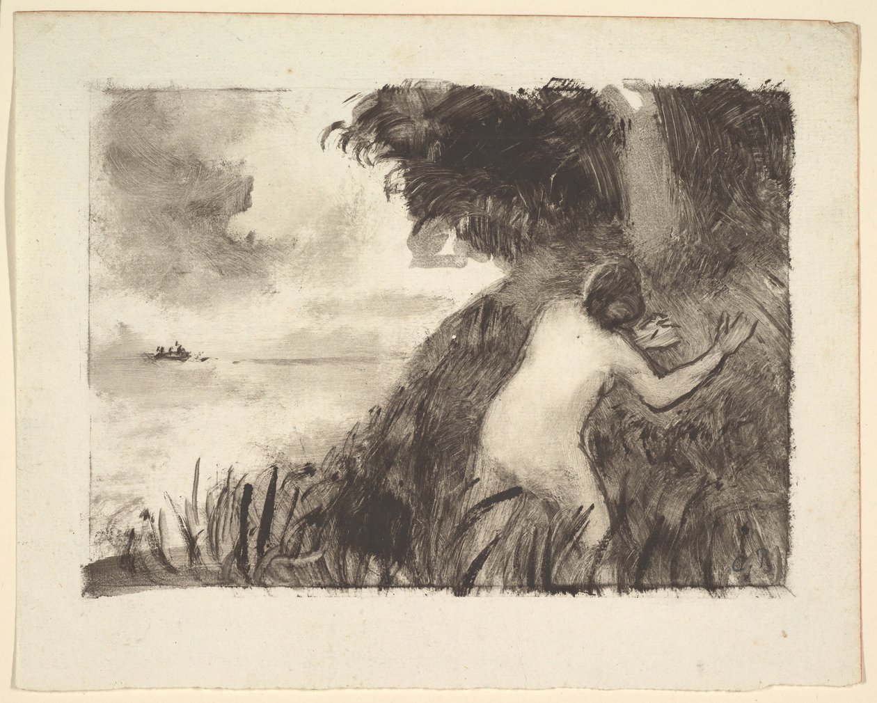 Fürdő füvek között a parton, kb. 1894. alkotó: Camille Jacob Pissarro