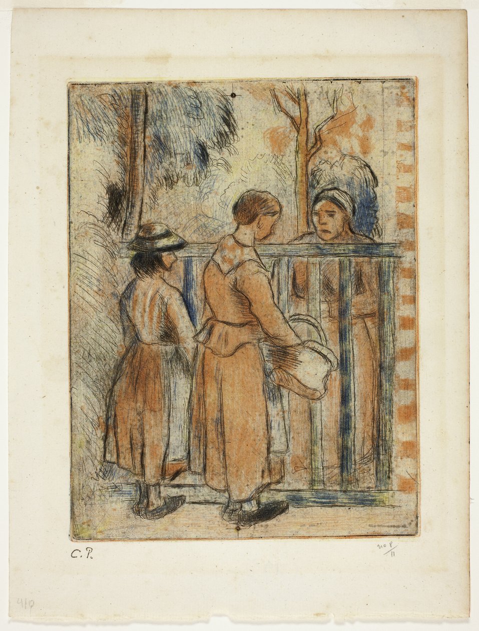 Koldusasszonyok, 1894 körül (színes metszet, száraztű és akvatinta, elefántcsontpapírra) alkotó: Camille Pissarro