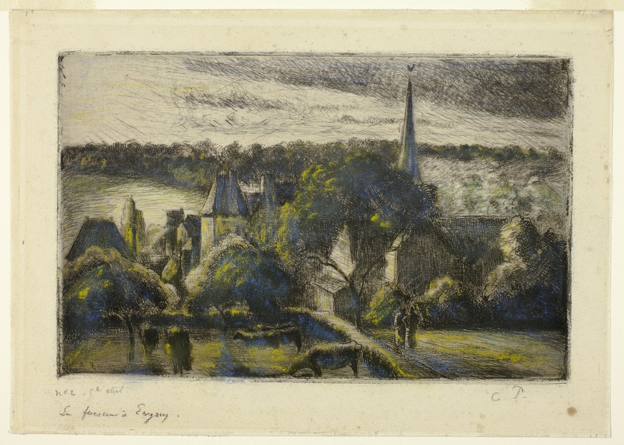 Templom és tanya Éragnyban alkotó: Camille Pissarro