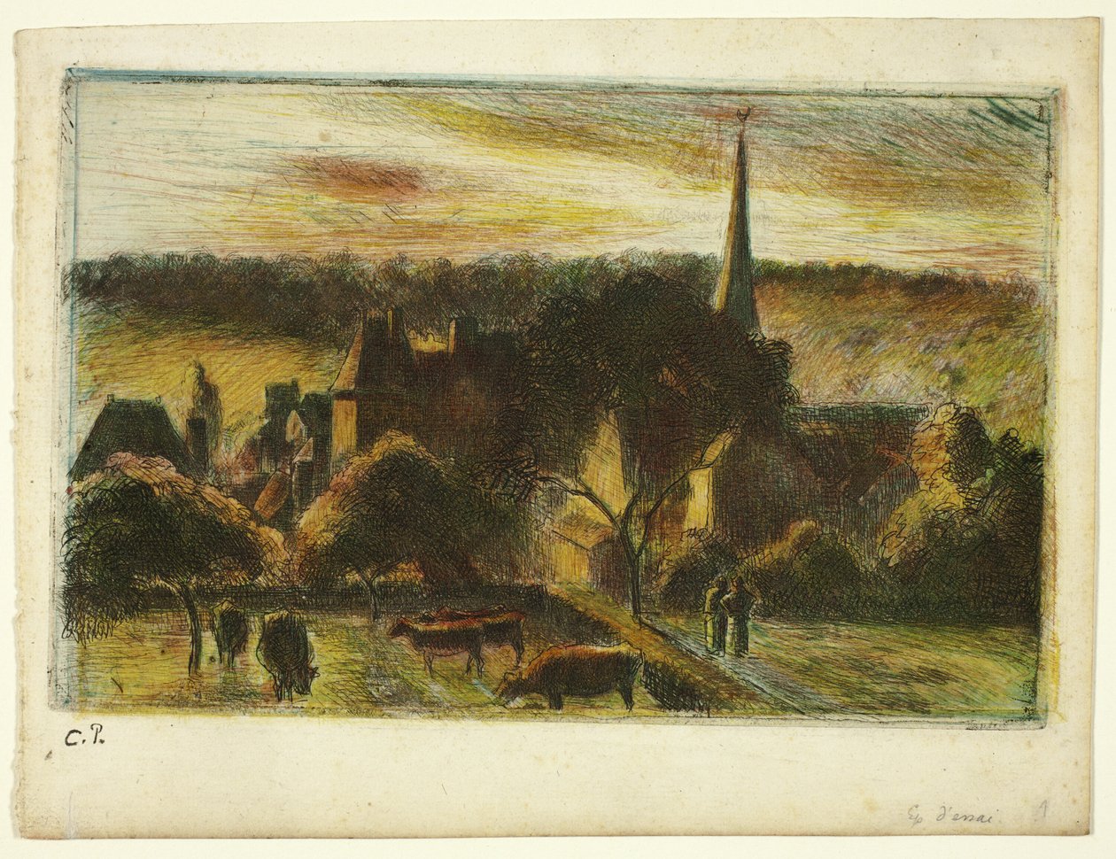 Templom és tanya Éragnyban alkotó: Camille Pissarro