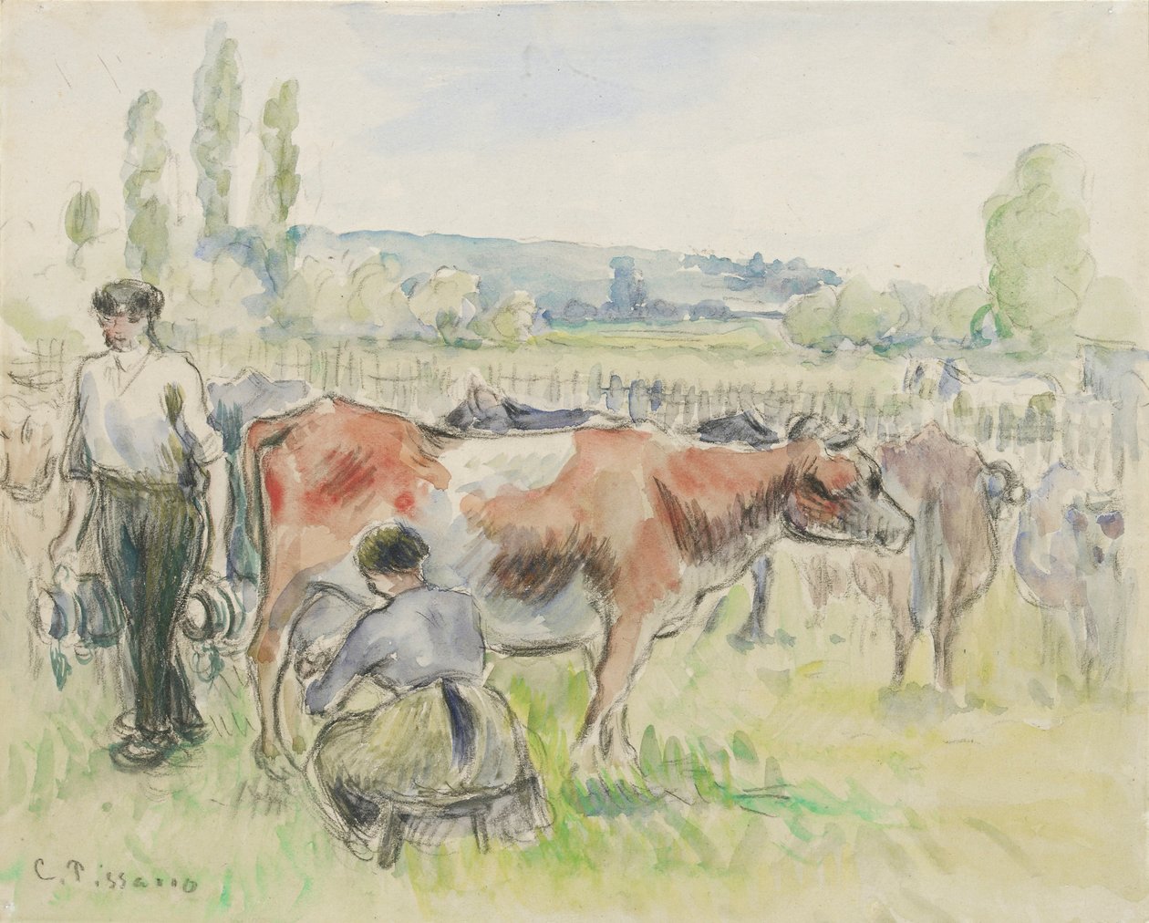 Kompozíciós tanulmány egy fejésjelenetről Eragny-sur-Epte-ben, 1884 alkotó: Camille Pissarro