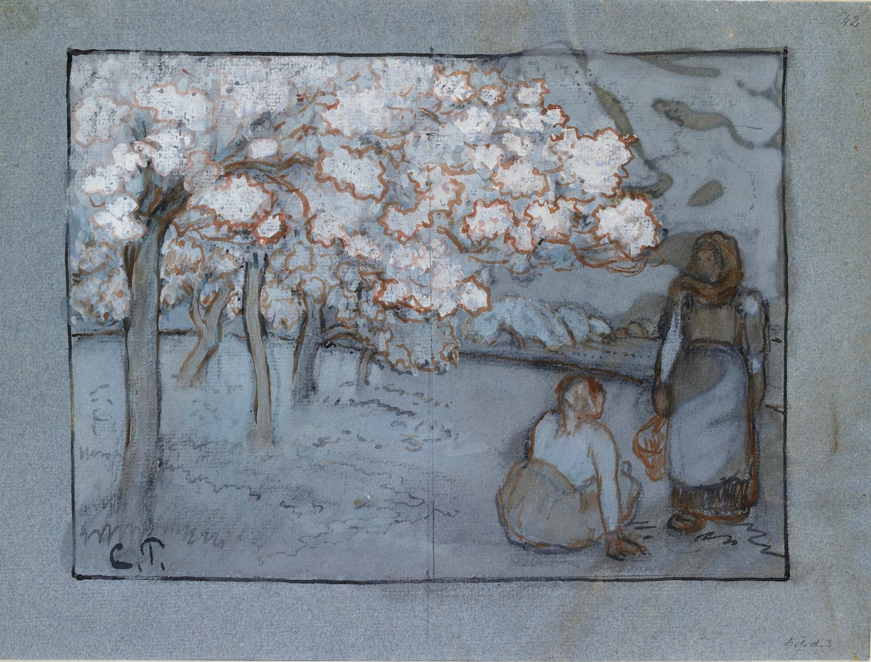Kompozíciós tanulmány két parasztnőről, akik egy gyümölcsösben beszélgetnek, 1894 alkotó: Camille Pissarro