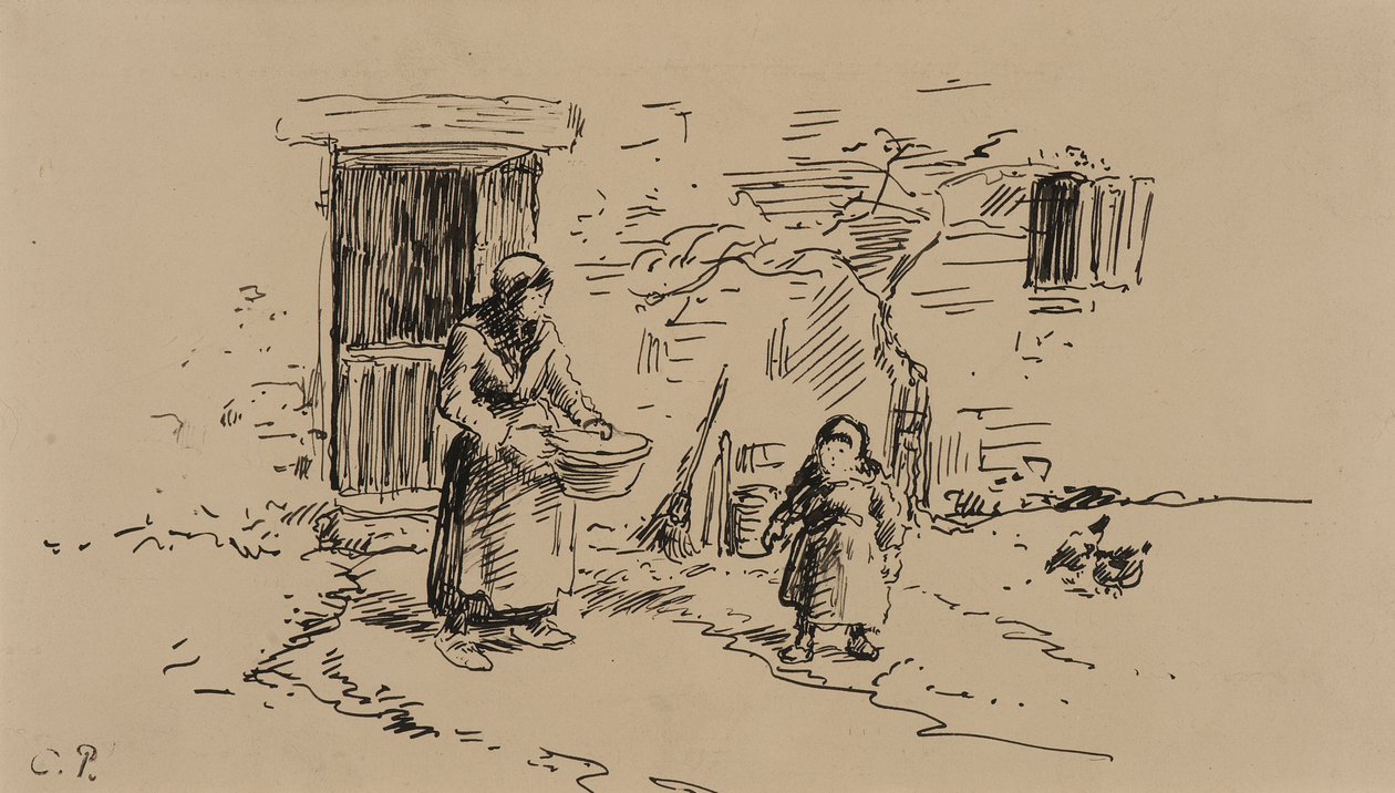 Tanyasi jelenet (toll és tus, papír) alkotó: Camille Pissarro