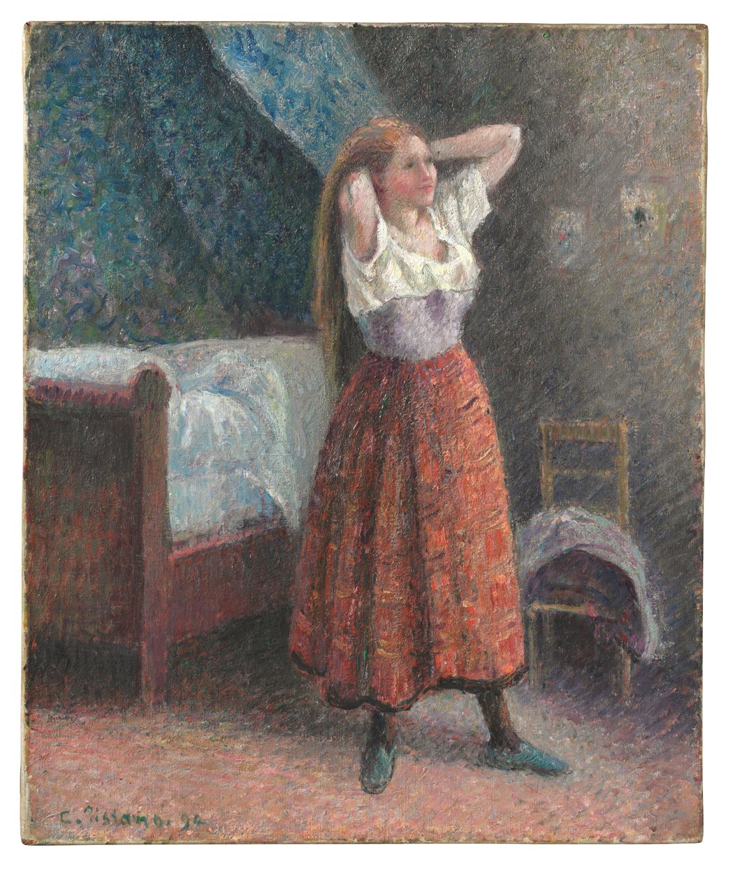 Nő a haját formázza alkotó: Camille Pissarro