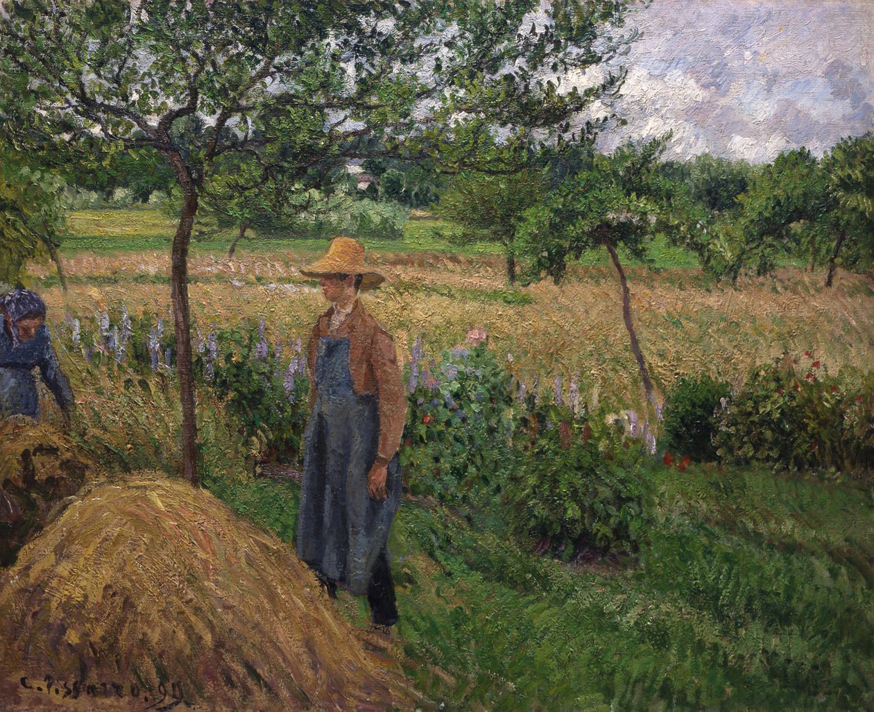 Kertész szénakazal mellett áll, borús ég, Eragny, 1899. alkotó: Camille Pissarro