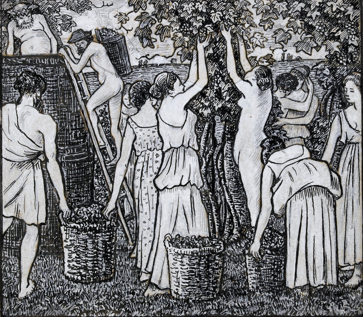 Szőlőszüret, kompozíciós tanulmány a „Daphnis és Chloë” illusztrációjához, 1895 alkotó: Camille Pissarro