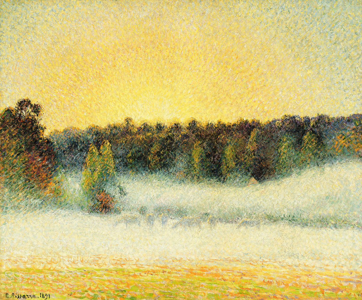 Ködös naplemente Eragnyban alkotó: Camille Jacob Pissarro